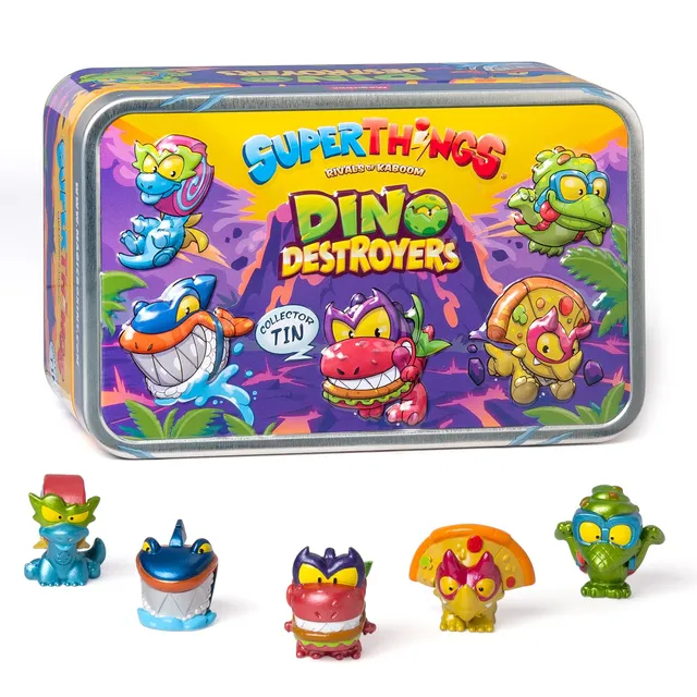 Superthings Dino Destroyers tin con 5 figure metallizzate