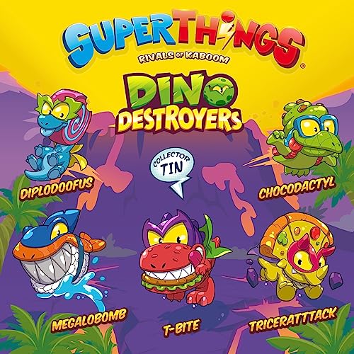 Superthings Dino Destroyers tin con 5 figure metallizzate