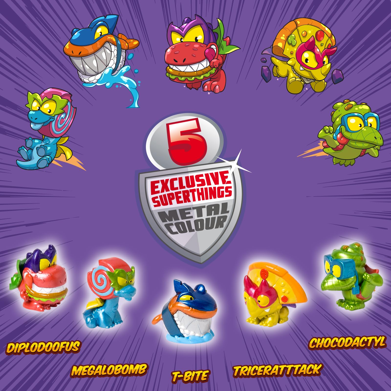 Superthings Dino Destroyers tin con 5 figure metallizzate