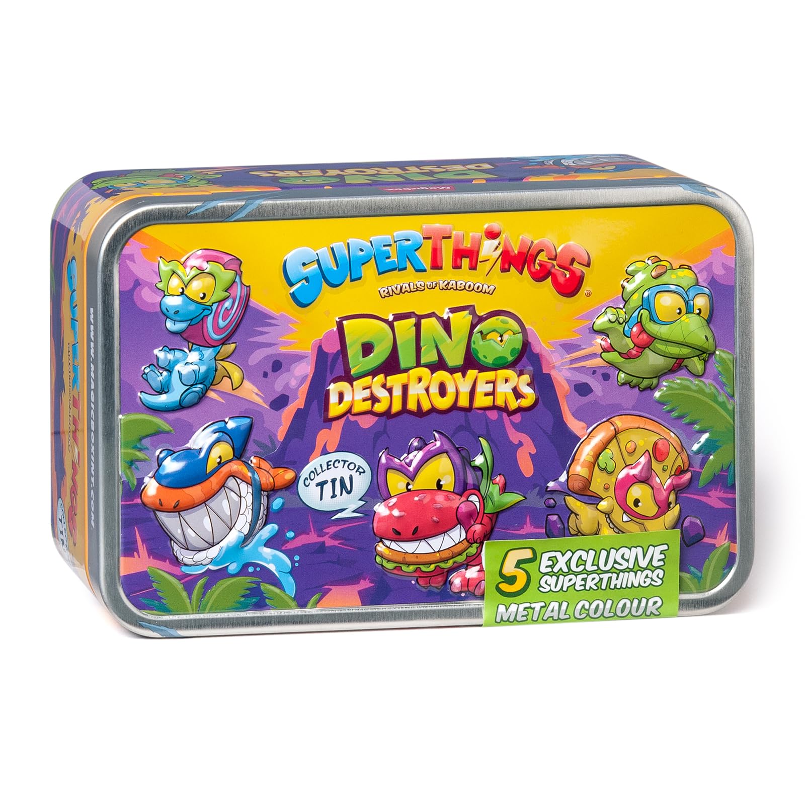 Superthings Dino Destroyers tin con 5 figure metallizzate