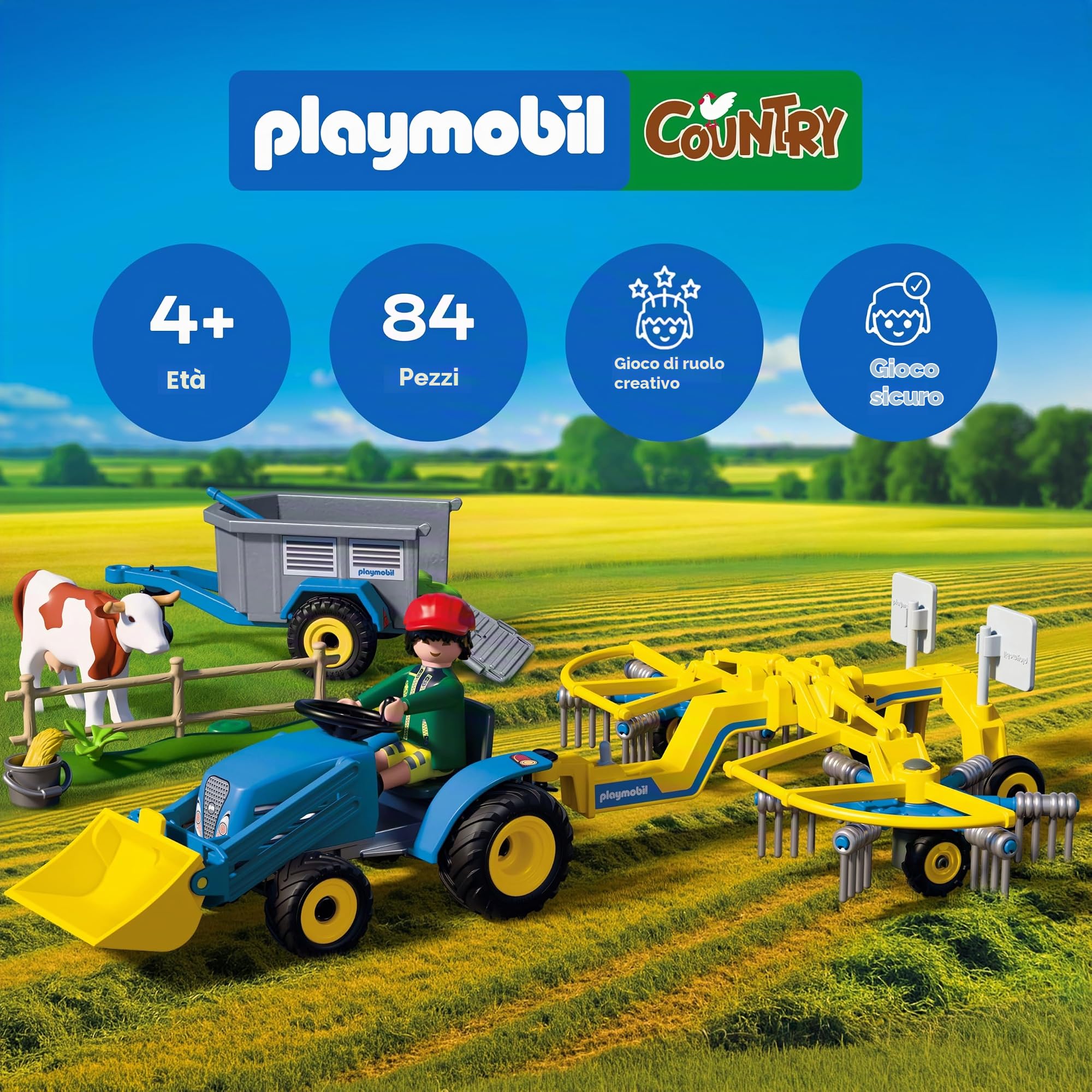 PLAYMOBIL Country 72163 Piccolo Trattore con Ranghinatore e Mucca